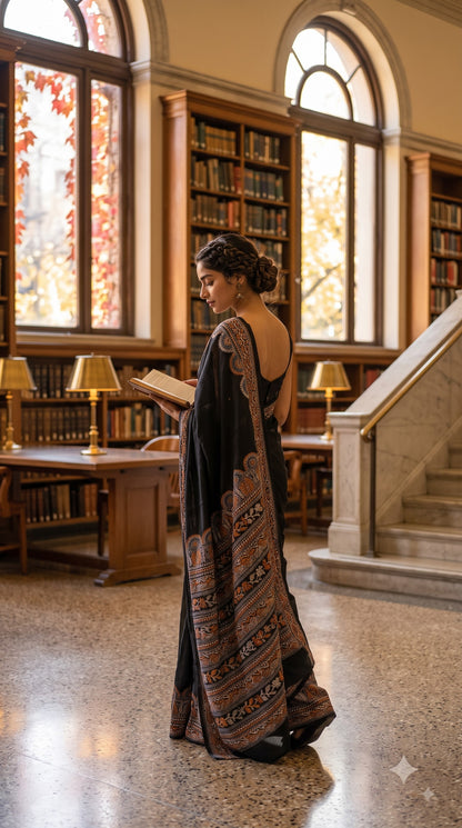 Pure Art Malai Silk Saree with Kantha-Stitched - Black