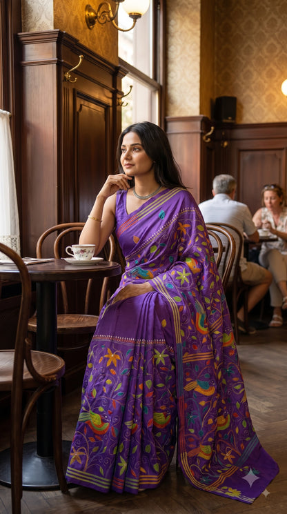 Pure Silk Saree with Kantha-Stitched - Purple