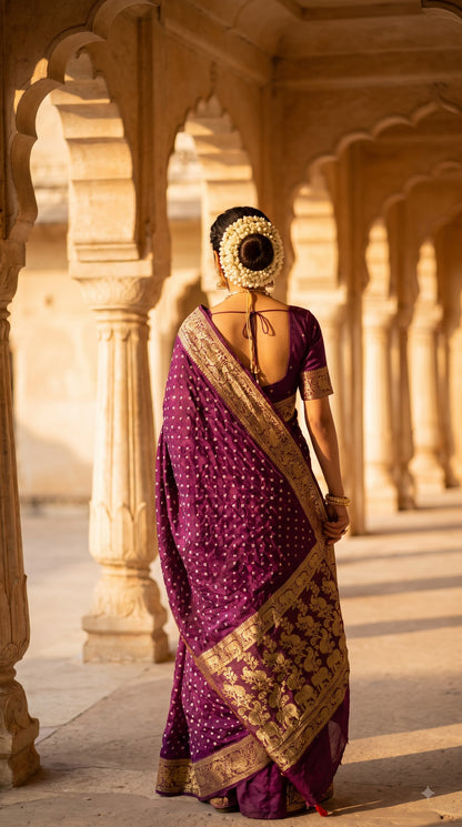Art Silk Bandhani with Golden Zari - Wine