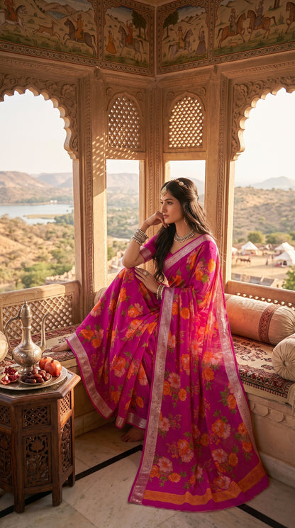 A woman resting on a traditional window alcove cushion overlooking hills and a lake, beautifully spreading out the heavy jacquard pallu and vibrant floral artwork of her magenta pure chinon saree