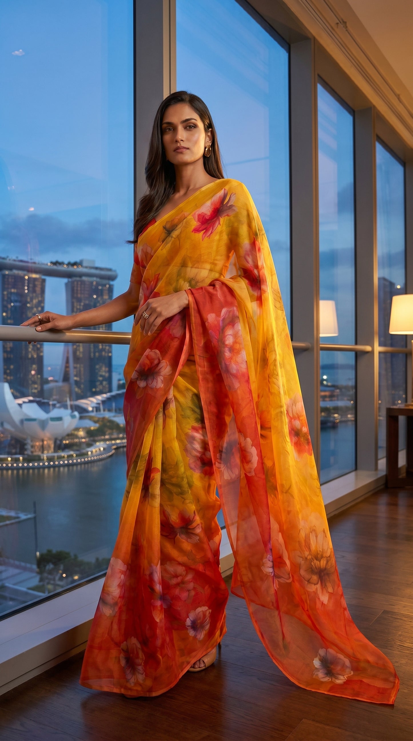 A woman leaning against a glass office railing, showcasing the elegant sheer movement of a yellow floral chiffon pallu against a city skyline at dusk