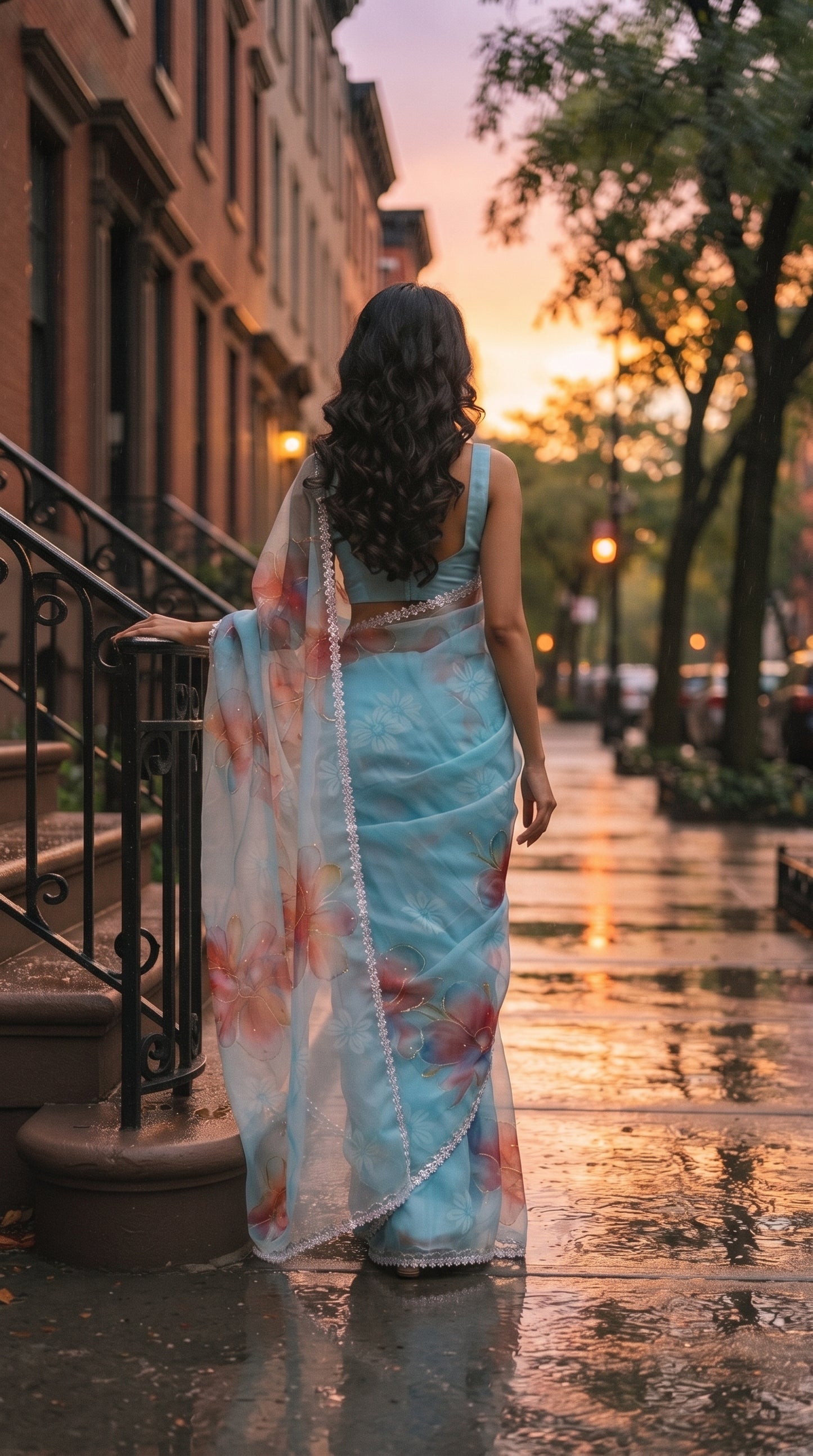 Sky Blue Floral Chiffon Saree with Delicate Lace Border