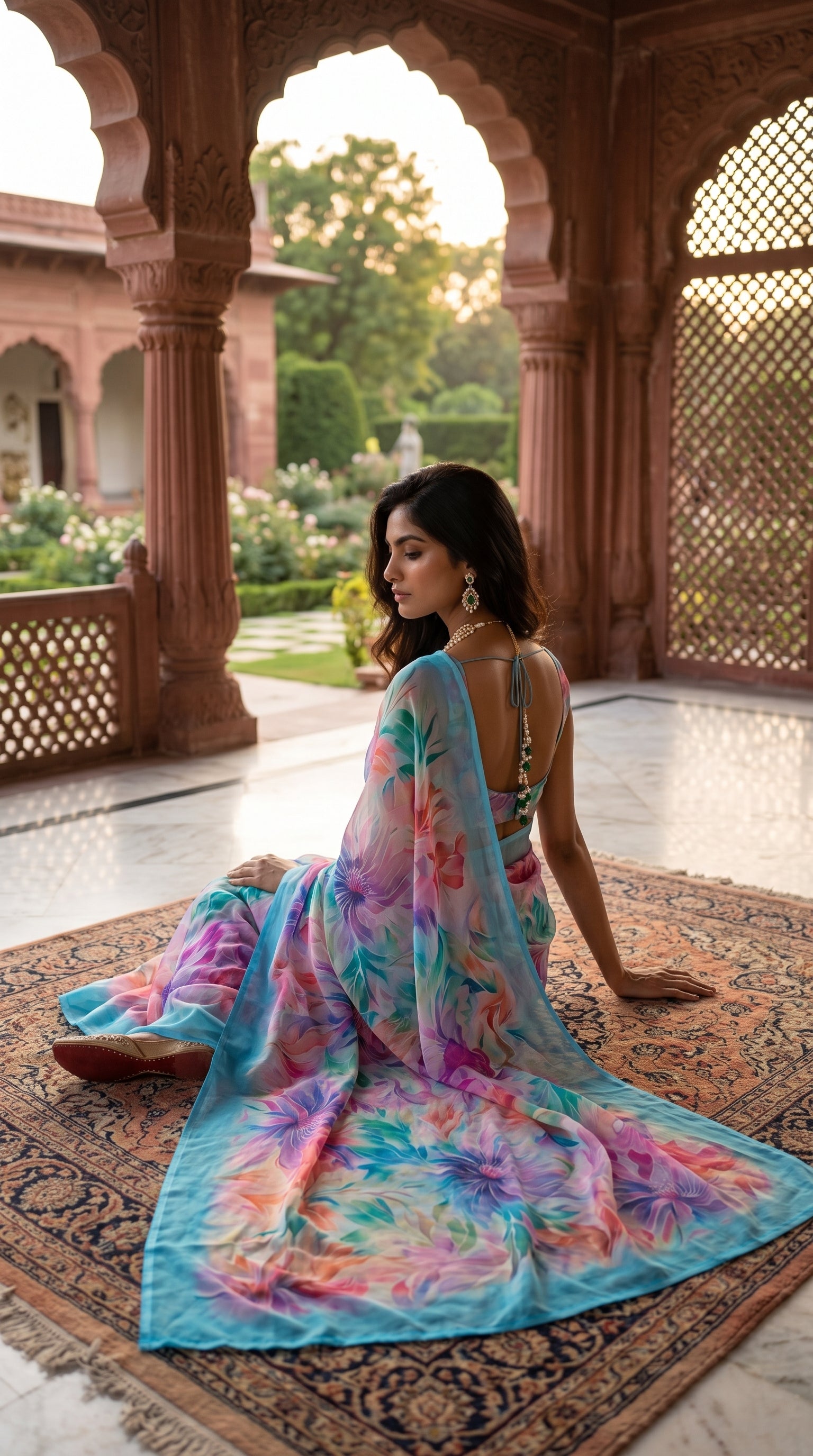 A portrait of a woman looking away while seated cross-legged on a traditional rug under sandstone arches, displaying the beautiful lavender and blue watercolor florals on her sky blue pure chiffon saree