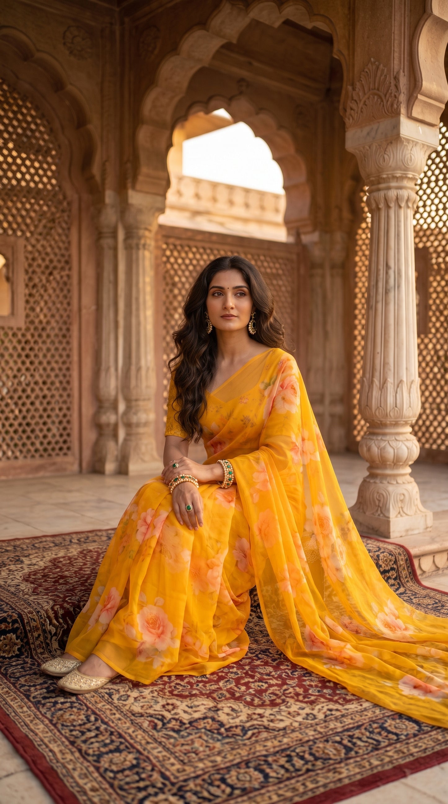 Model seated gracefully on a traditional patterned rug next to an ornate palace pillar, beautifully displaying the fluid, weightless fall and vibrant yellow hue of her floral chiffon saree