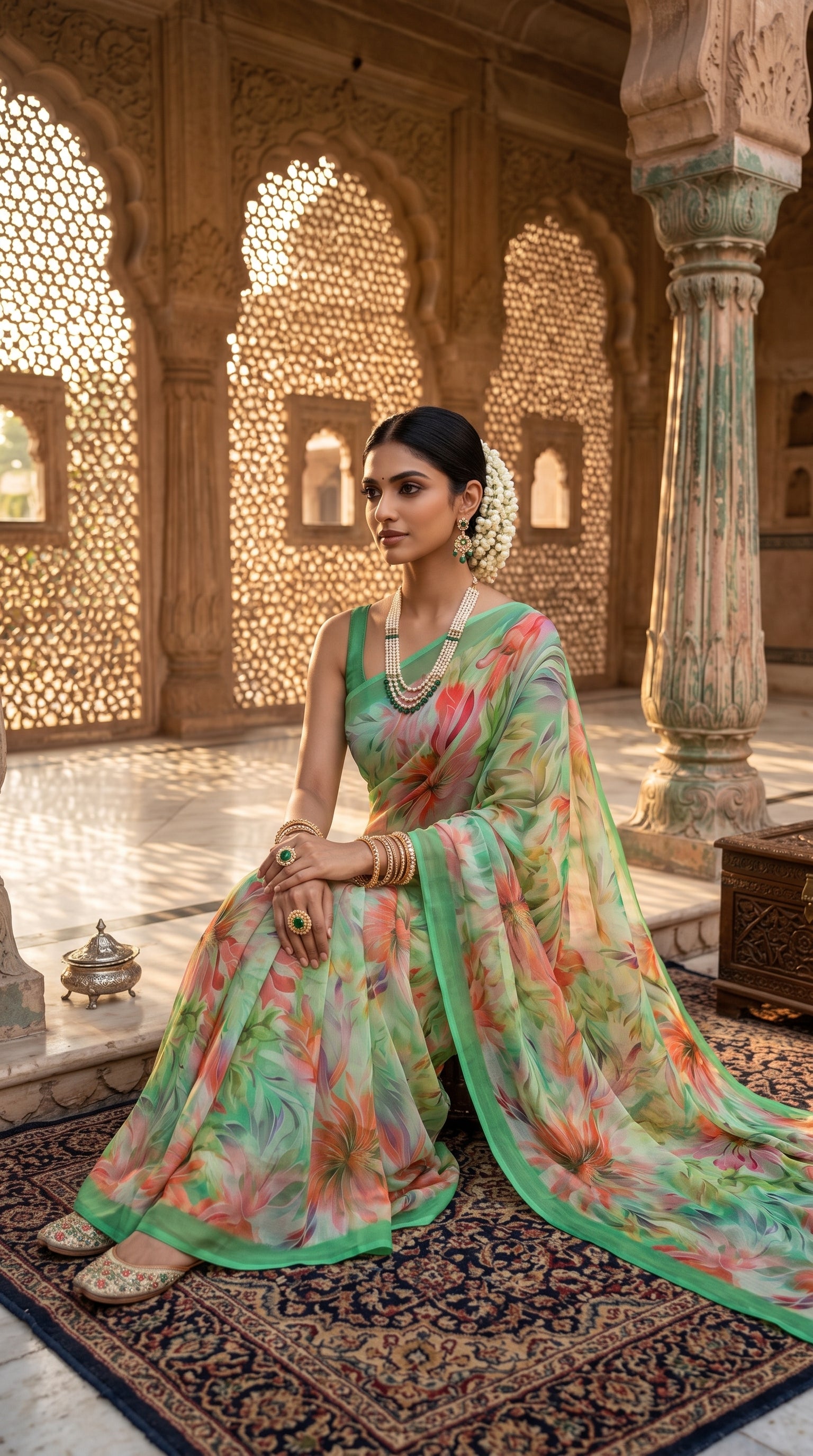 Model wearing gajra in her hair seated on a traditional rug inside an ornate palace hall with jaali woodwork, beautifully spreading out the lush floral canvas of her green pure chiffon saree