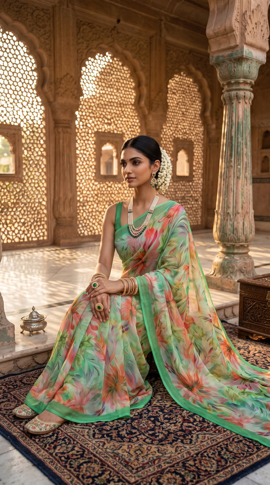 Model wearing gajra in her hair seated on a traditional rug inside an ornate palace hall with jaali woodwork, beautifully spreading out the lush floral canvas of her green pure chiffon saree