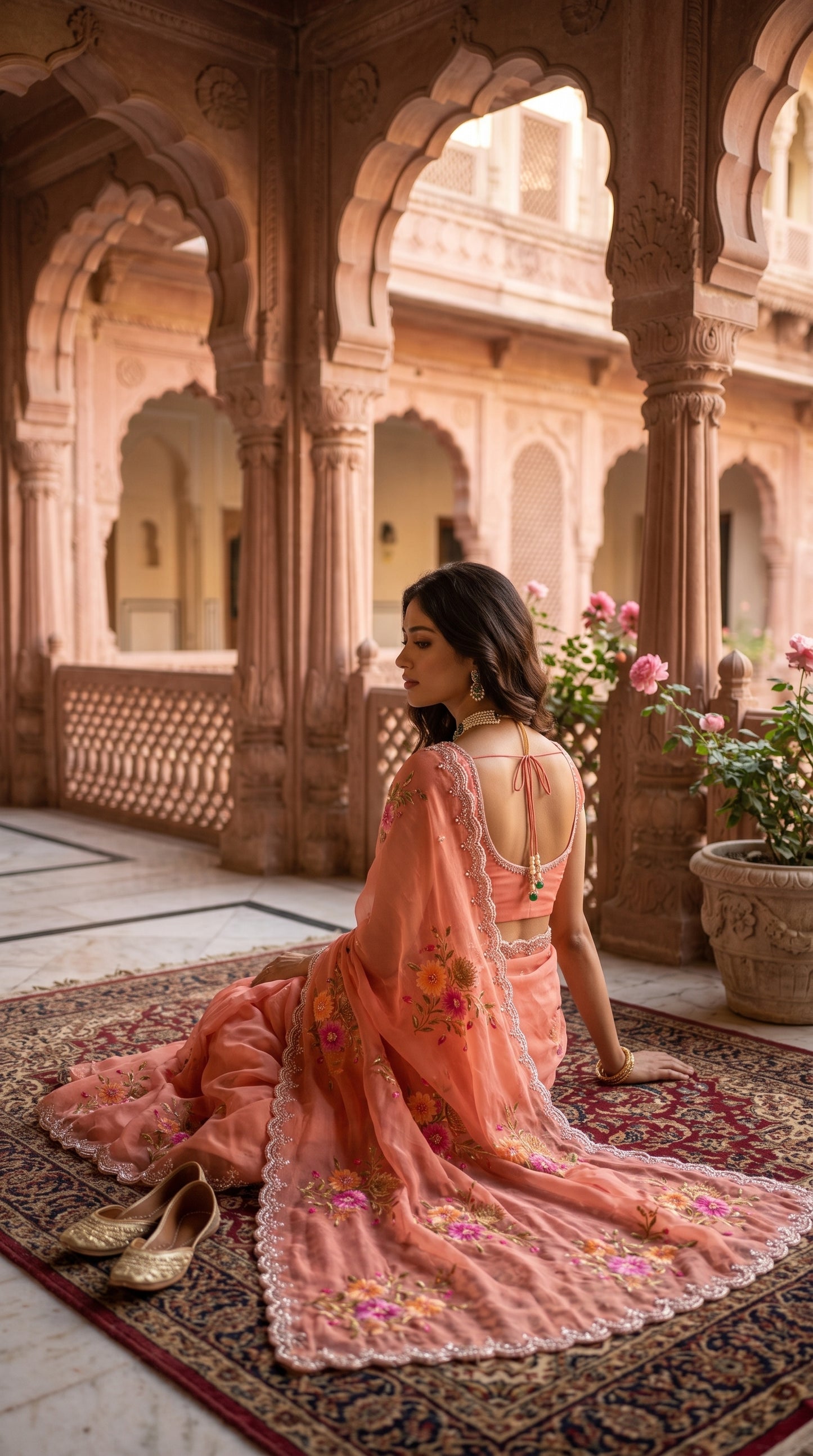 A three-quarter back view of a woman with an intricate tie-back blouse design sitting on a traditional rug inside a palace courtyard, highlighting the sprawling scalloped pallu and embroidered blooms