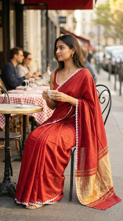 Woman in a red Modal Silk Saree with Lagdi Patta Pallu saree with white border, sitting at an outdoor cafe table.