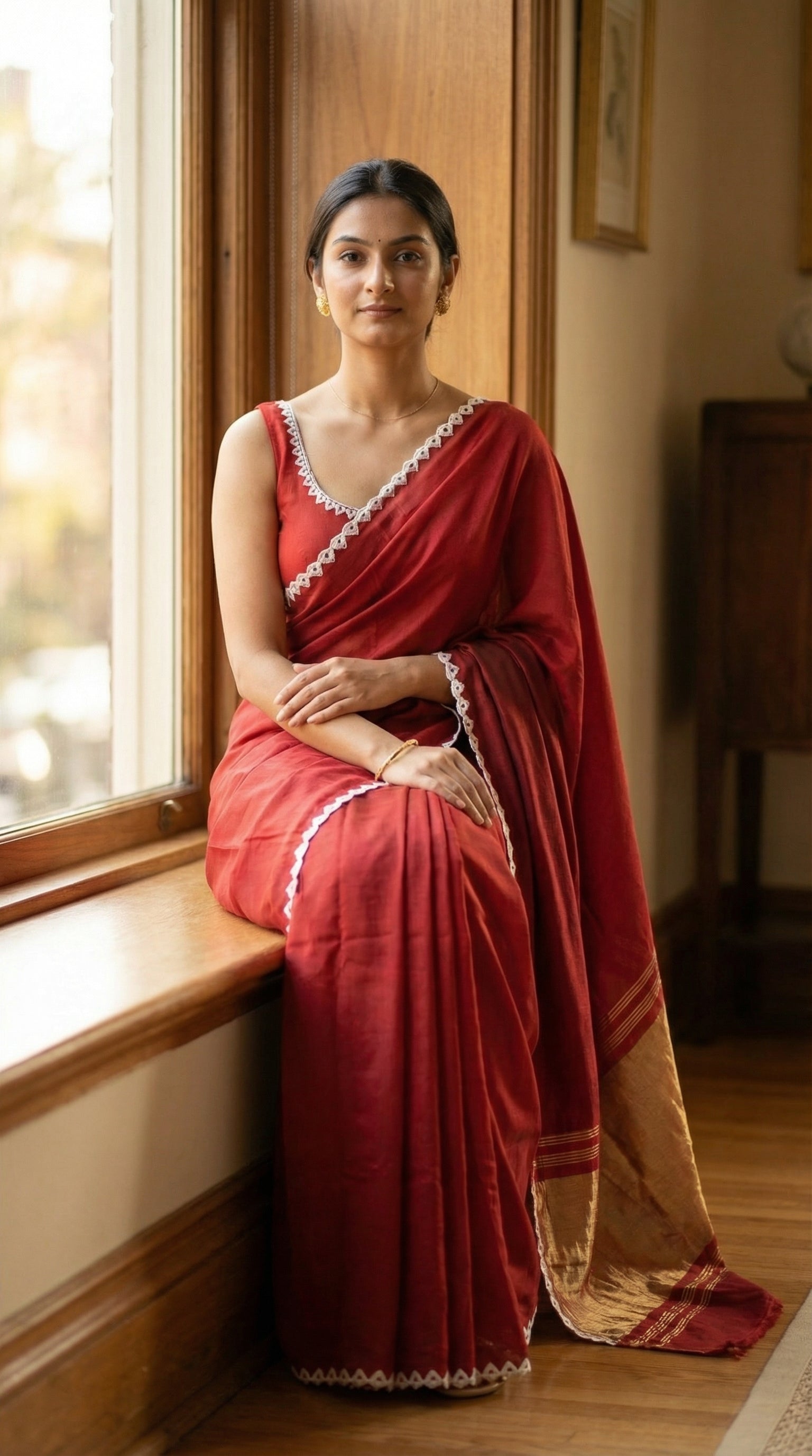 Woman in a red Modal Silk Saree with Lagdi Patta Pallu saree with white border, sitting by a window indoors.