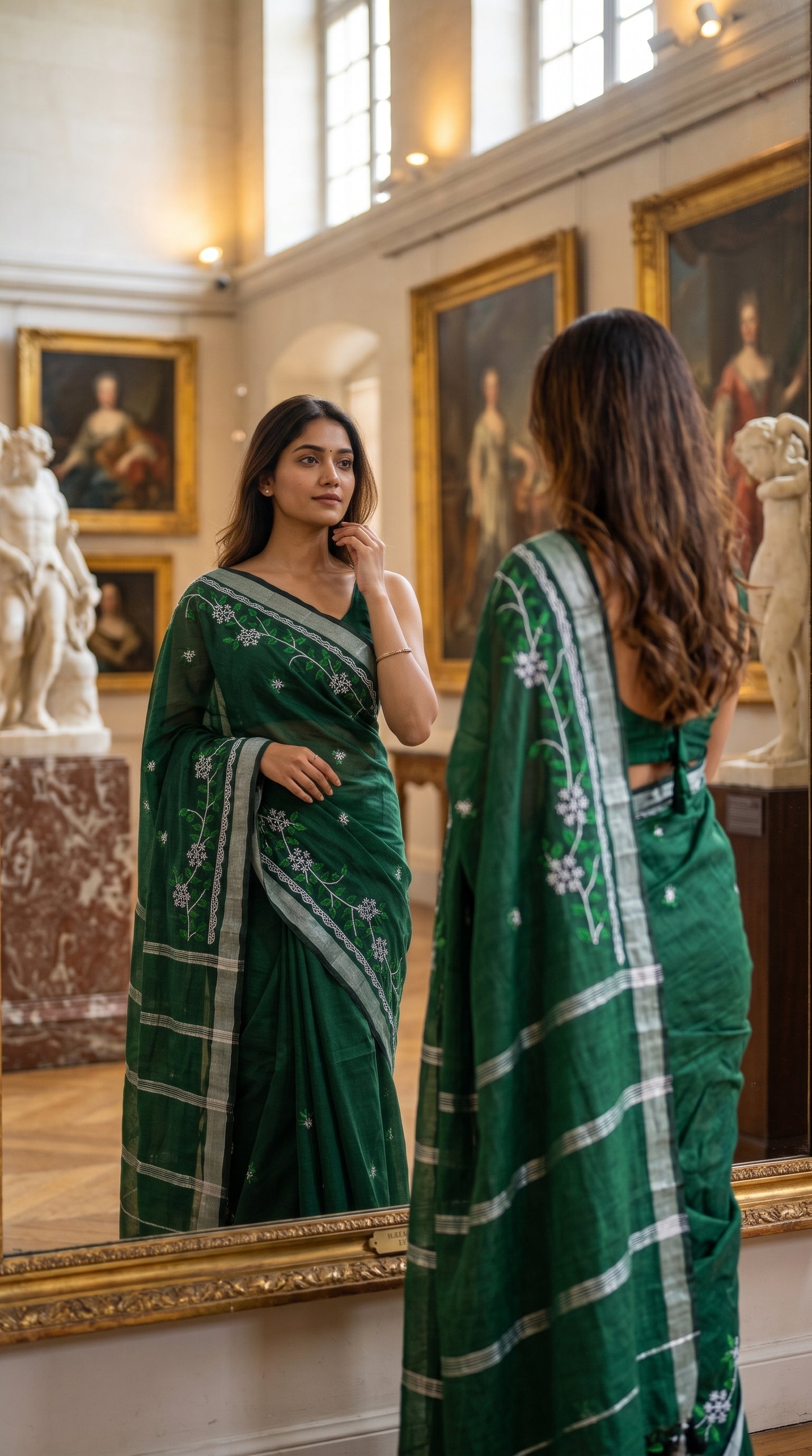 A woman looking at her reflection in a large gilded mirror inside a museum gallery, highlighting the elegant drape, silver Zari trim, and white floral detailing of her bottle green saree