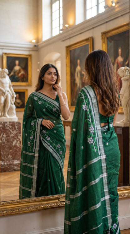 A woman looking at her reflection in a large gilded mirror inside a museum gallery, highlighting the elegant drape, silver Zari trim, and white floral detailing of her bottle green saree