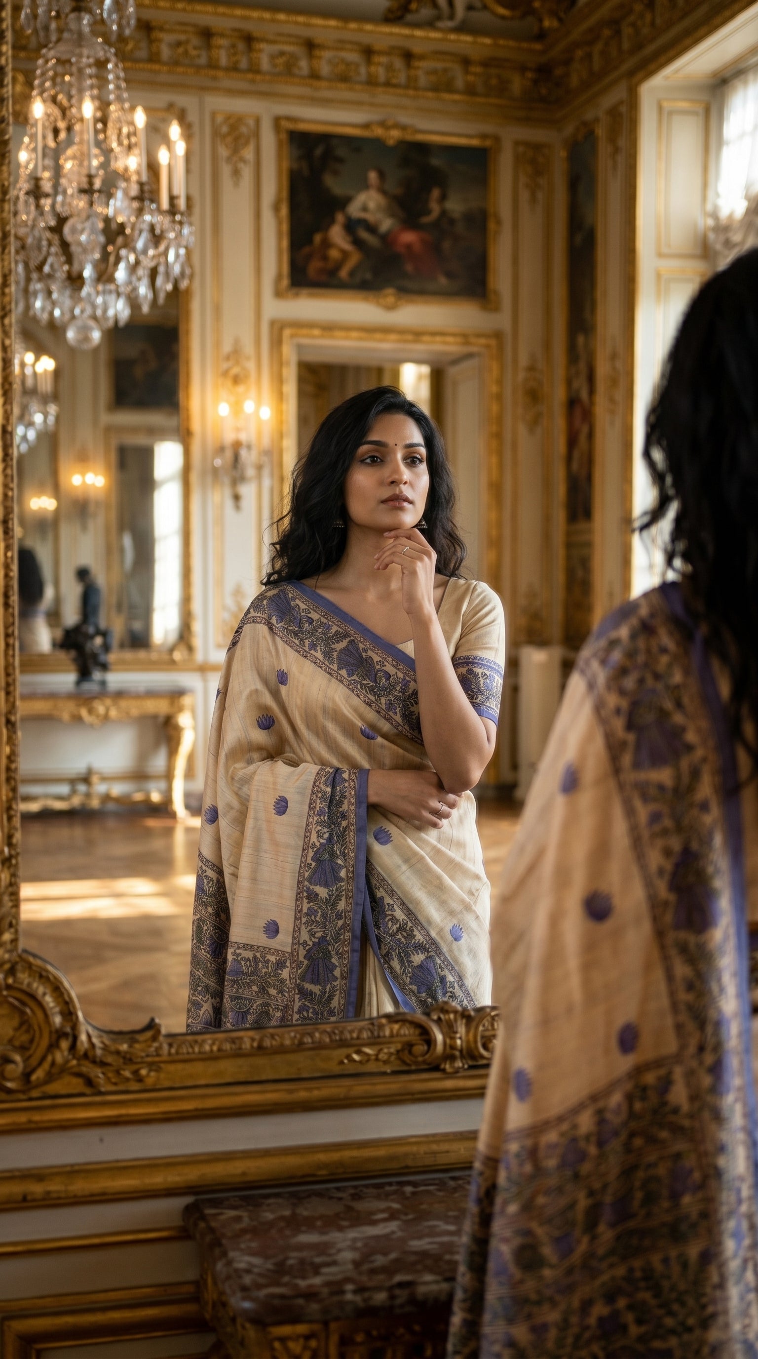 A model looking at her reflection in a grand gilded mirror, displaying the beautiful purple Madhubani printed border of her silk saree