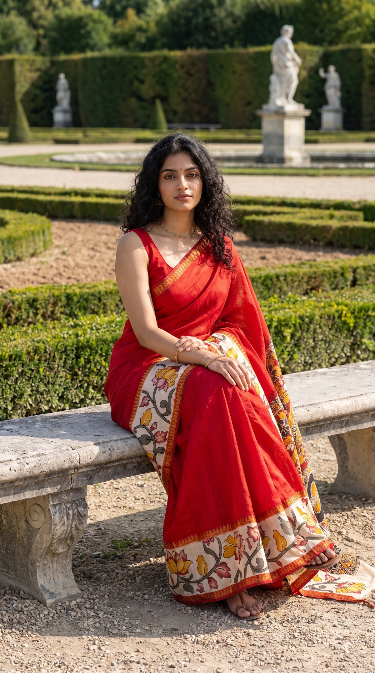 Plain Silk Saree with Kalamkari Gap Border - Red