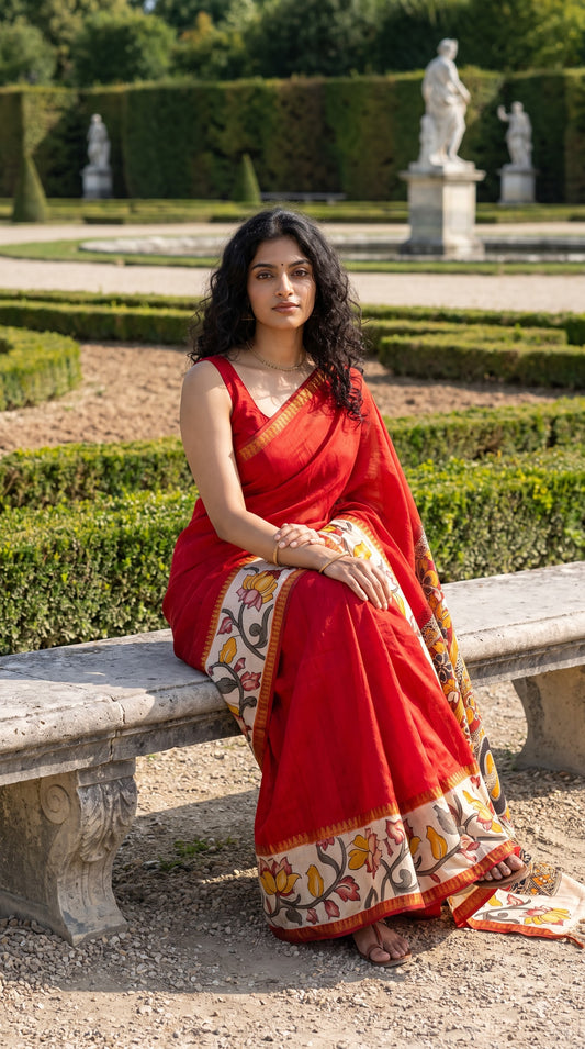 Plain Silk Saree with Kalamkari Gap Border - Red