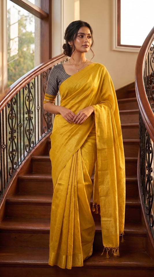 A full-length front portrait of a woman standing on an elegant indoor wooden staircase with iron railings, beautifully showcasing the crisp pleats and luminous metallic glaze of her yellow tissue cotton saree