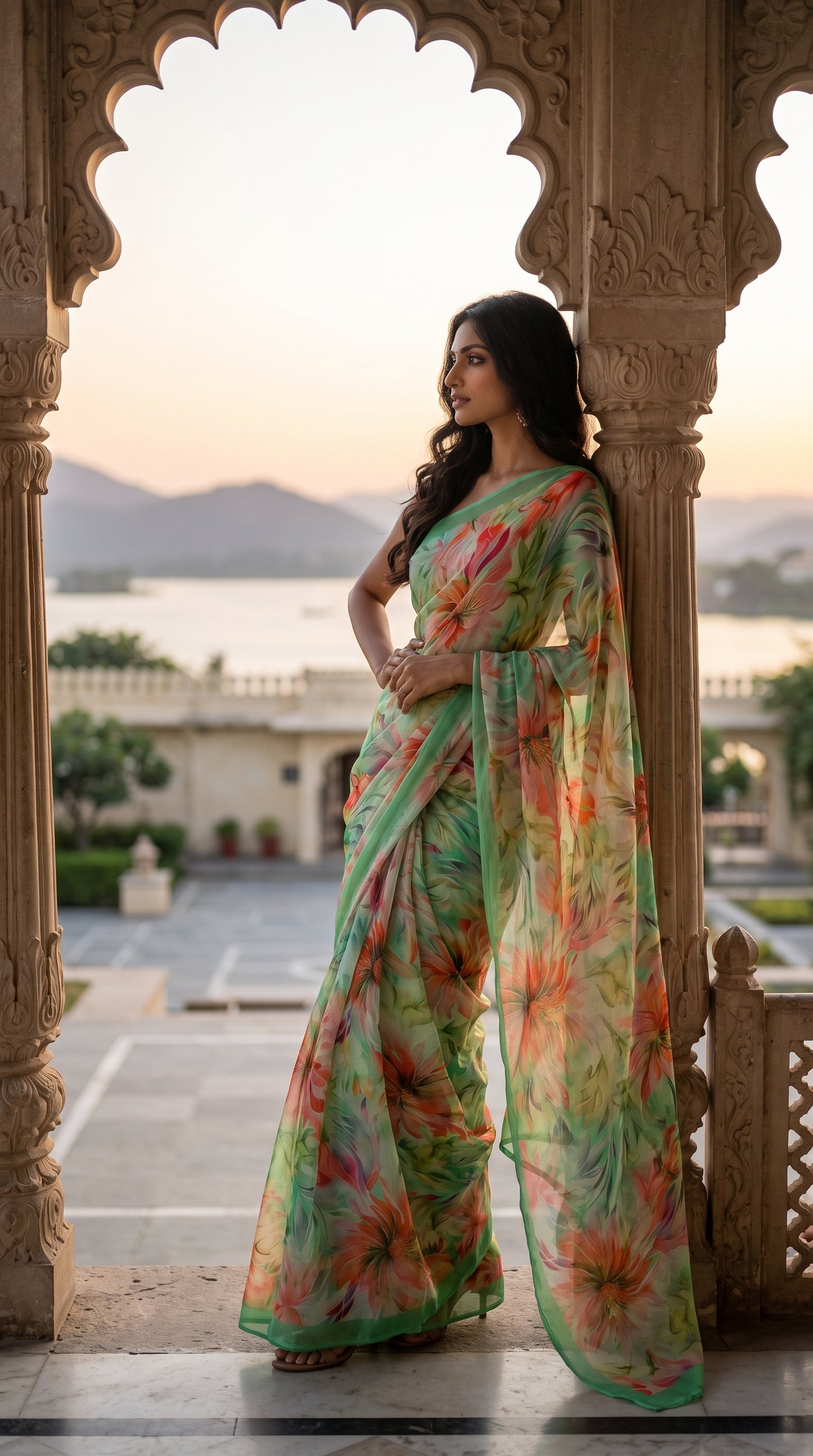 Full-length image of a woman leaning against an ornate palace pillar overlooking a misty lake, showcasing the vibrant coral and green watercolor floral print of the saree