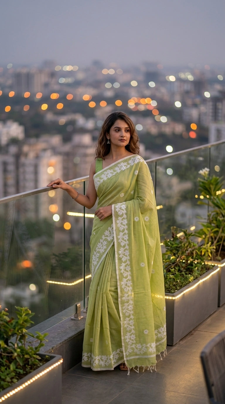 Green Cotton Saree with Applique Border