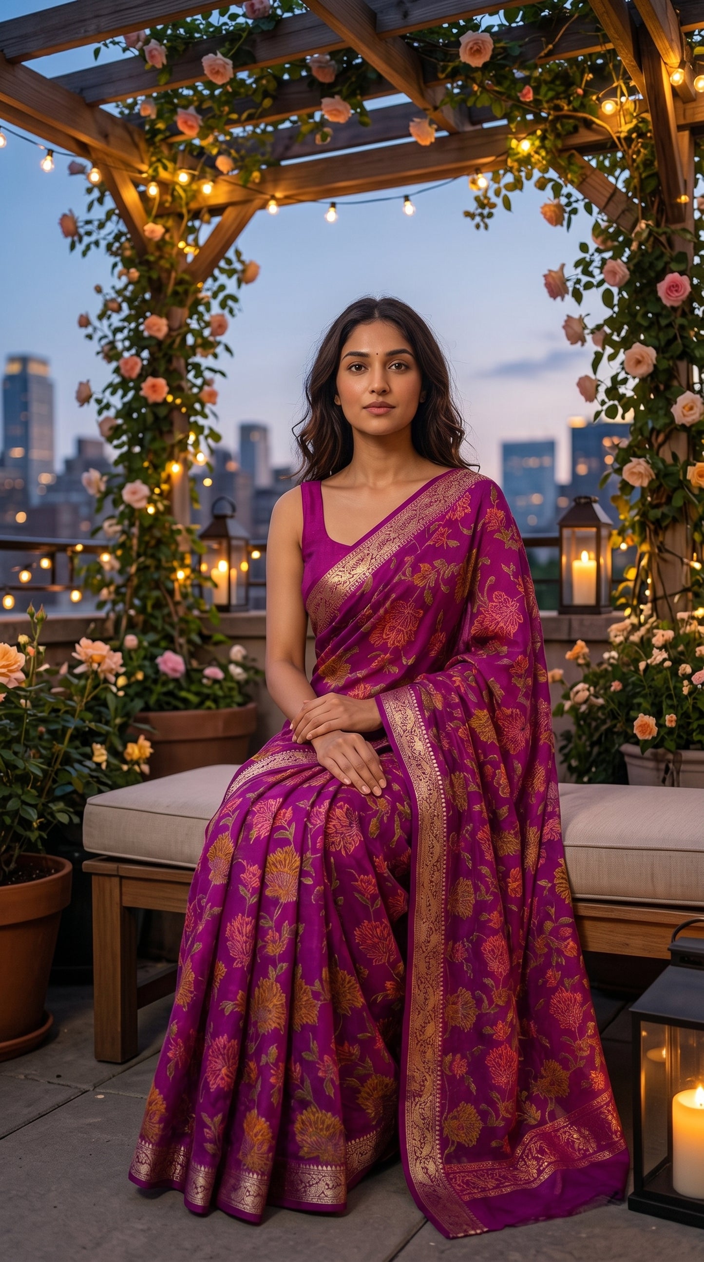 A portrait of a woman sitting on a cushioned bench under a rooftop garden pergola adorned with roses and fairy lights at twilight, showcasing the graceful fall and rich magenta canvas of her pure chinon saree