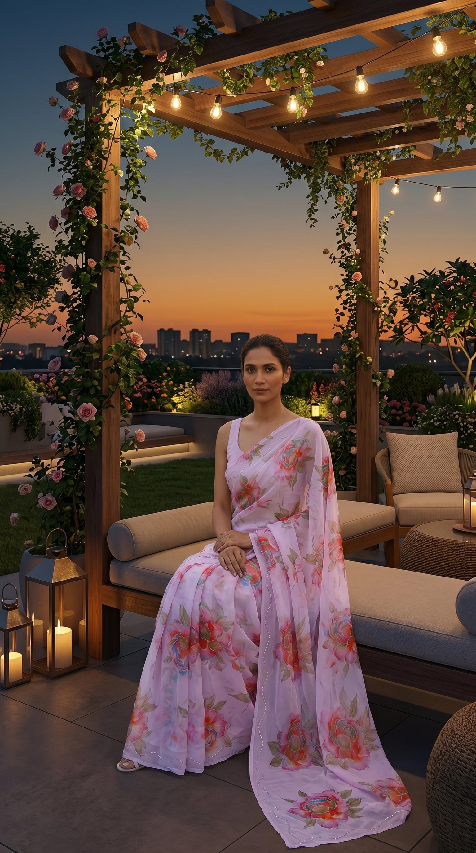 A woman sitting on a luxury rooftop garden bench under a pergola at sunset, displaying the delicate cut work detailing on a light lavender floral chiffon saree
