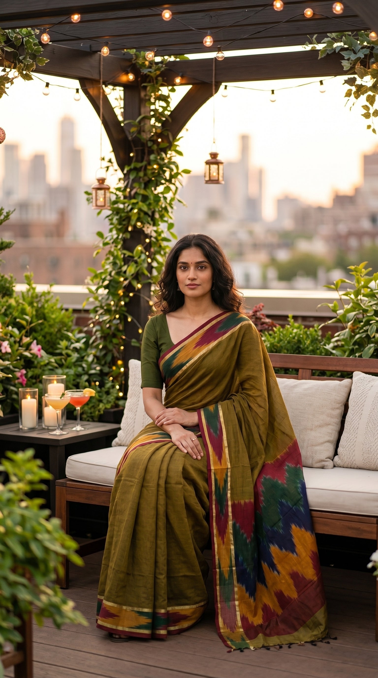 Woman in a handloom cotton saree with ikat border – antique golden with magenta yellow and green border sitting on a rooftop with cityscape in the background