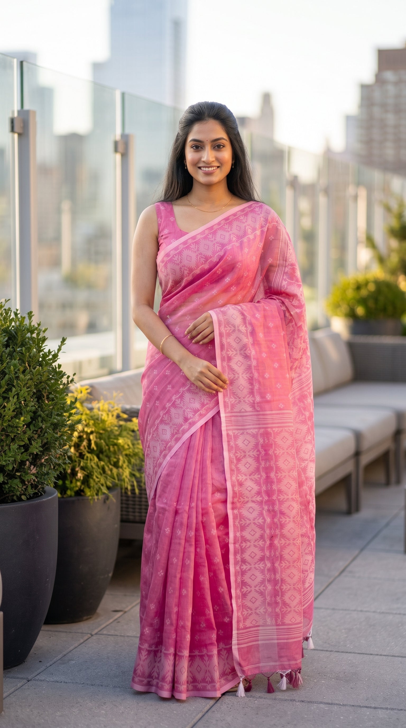A smiling woman standing on a modern rooftop lounge terrace, displaying the straight silhouette and subtle shimmer of a pink cotton tissue saree with traditional woven borders