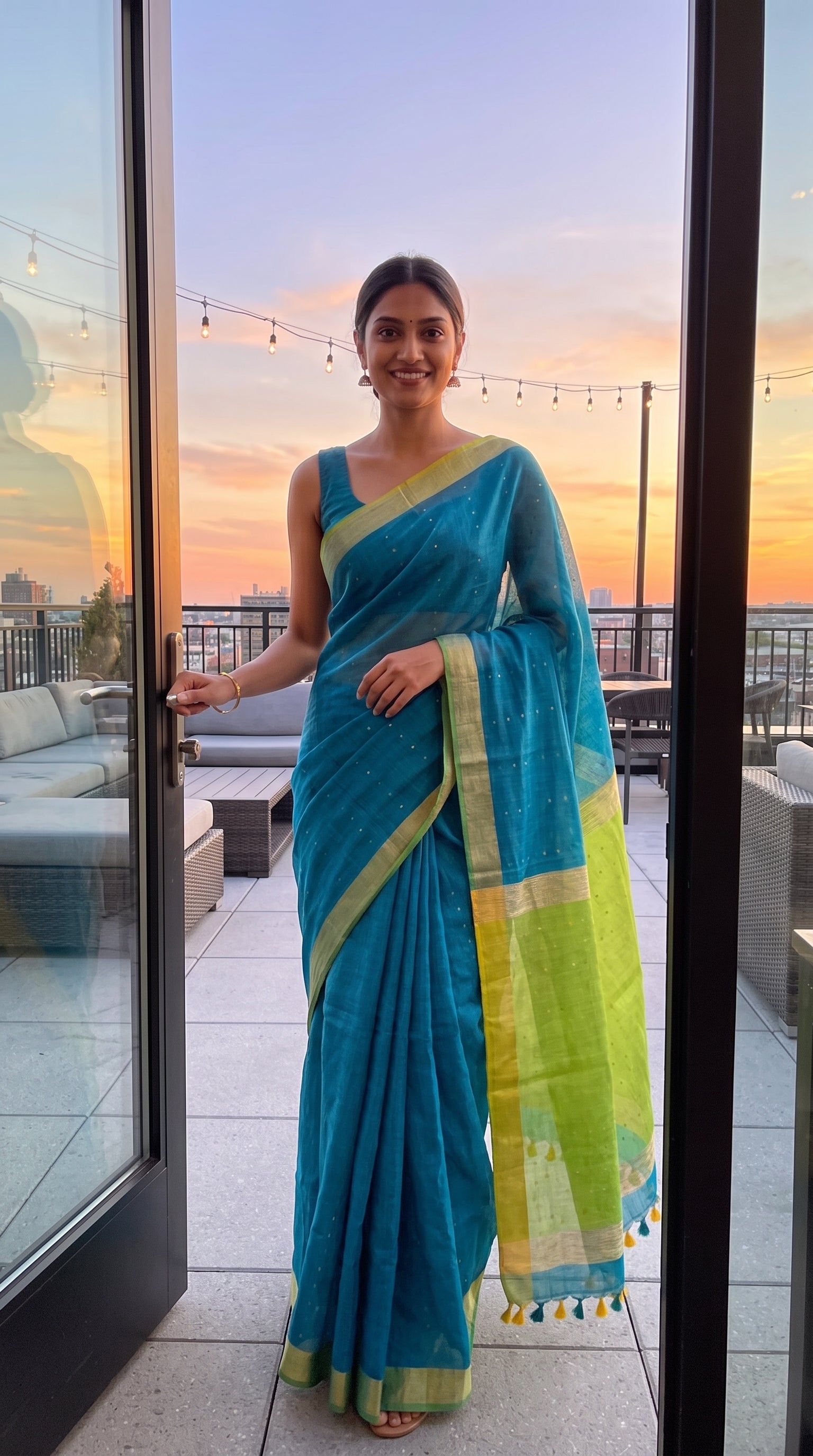 Full-length image of a smiling woman stepping out onto a rooftop lounge terrace at sunset, highlighting the elegant silhouette and fluid fall of her peacock blue linen saree