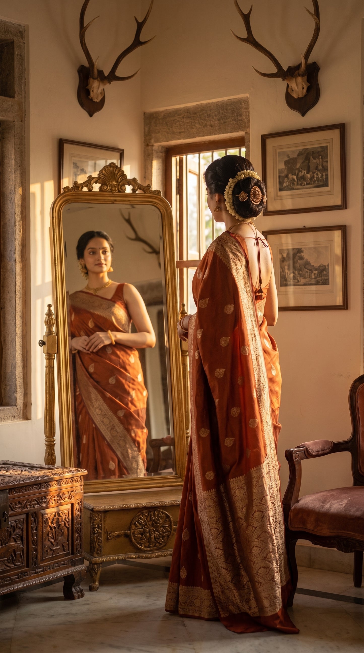 A full-length portrait of a woman standing in front of a large ornate mirror inside a historic room decorated with framed art, highlighting the back design of her blouse and the reflection of her burnt orange silk saree