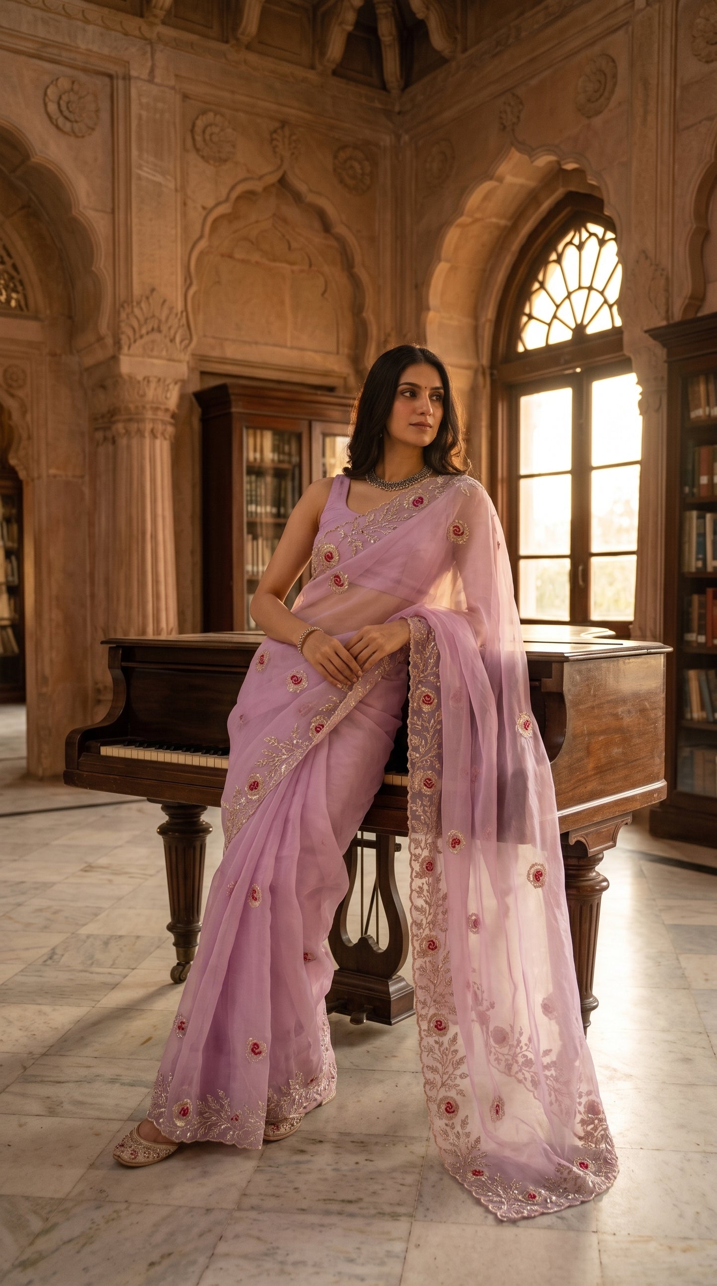 Model posing elegantly while leaning against a vintage wooden grand piano inside a sunlit library hall, displaying the crisp silhouette and detailed floral borders of her lilac saree