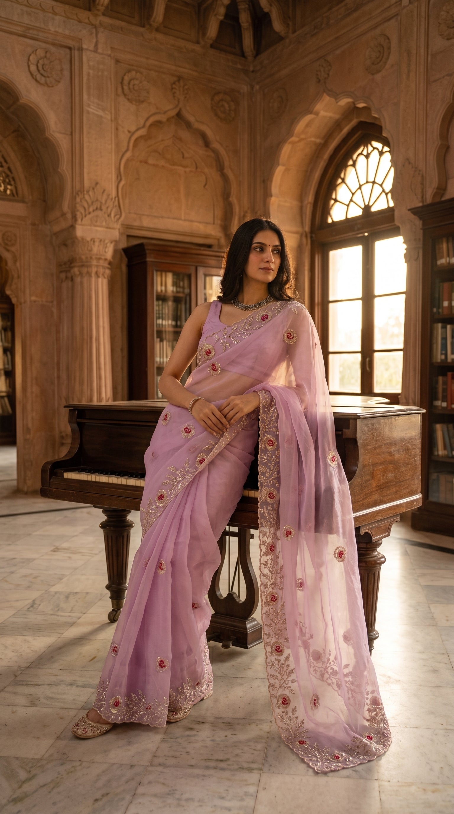 Model posing elegantly while leaning against a vintage wooden grand piano inside a sunlit library hall, displaying the crisp silhouette and detailed floral borders of her lilac saree