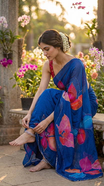 A model with a gajra bun sitting on a stone bench in an orchid house, adjusting her silver anklet while displaying the oversized hand-embellished magenta floral motifs on a royal blue chinon saree