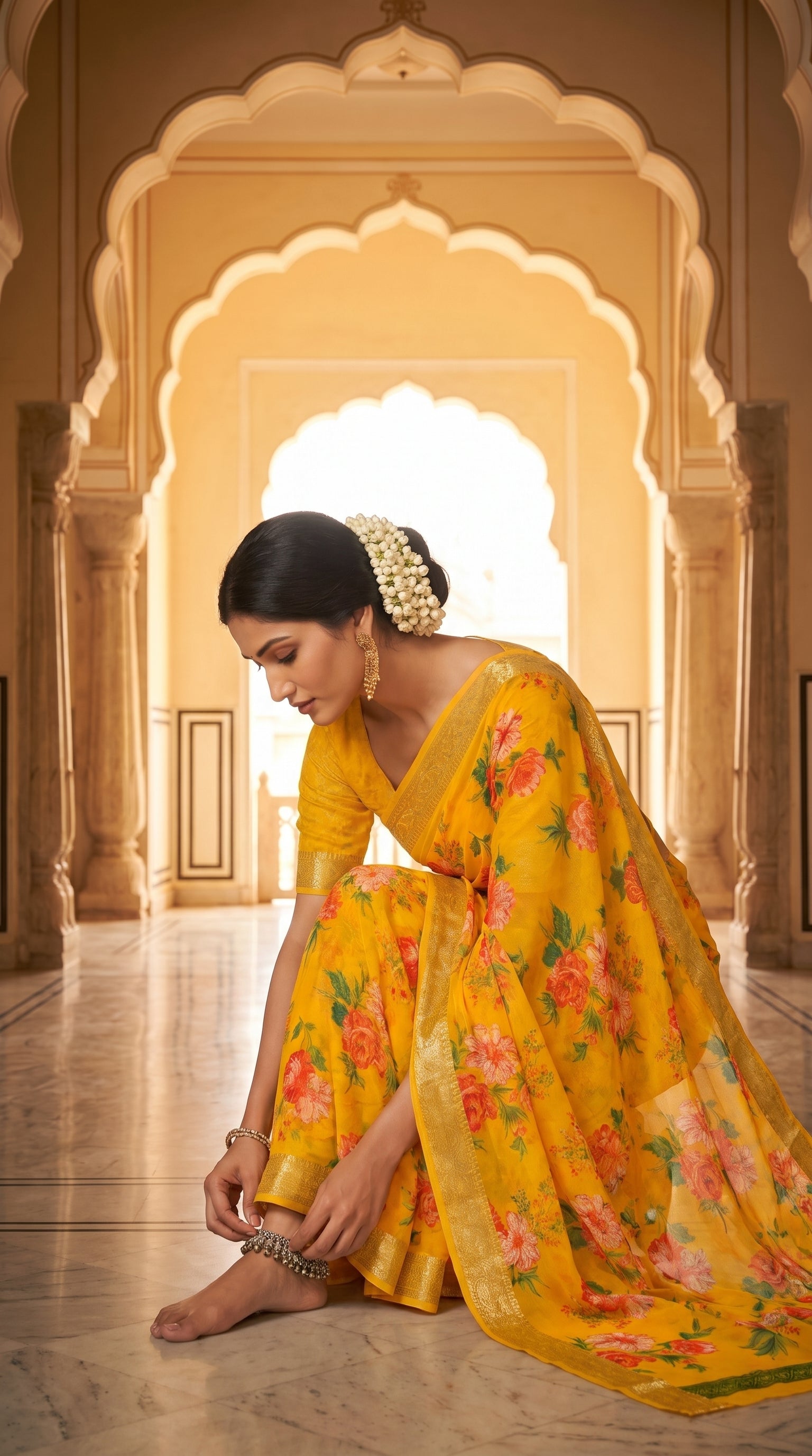 A model adorned with a gajra bun sitting cross-legged on a polished marble floor while adjusting her silver anklet, showcasing the fluid fall and bright coral-orange floral prints of her yellow pure chinon saree