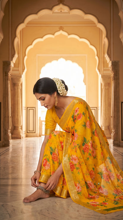 A model adorned with a gajra bun sitting cross-legged on a polished marble floor while adjusting her silver anklet, showcasing the fluid fall and bright coral-orange floral prints of her yellow pure chinon saree