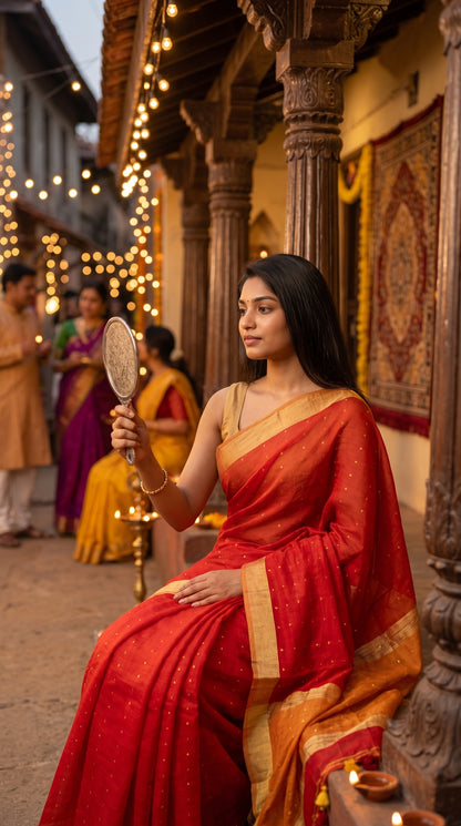 A model sitting on steps in a festive village lane under string lights, looking into a hand mirror while displaying the subtle sequin glint of a red linen saree.