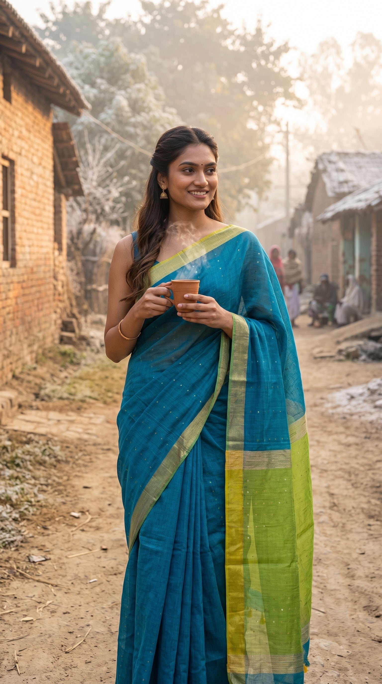 A model walking down a misty rustic village lane holding a steaming clay cup of tea, displaying the vibrant lime green contrast borders of her blue linen saree
