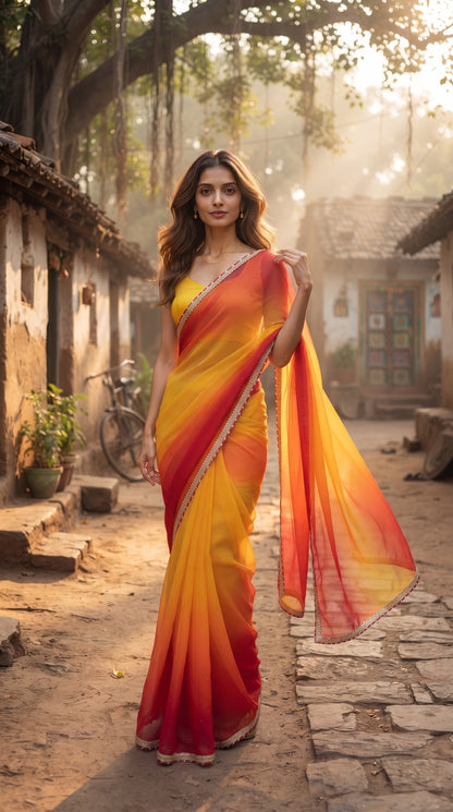A woman stands in a sunlit village street wearing a flowing gradient sari with orange, yellow, and red tones and a light border. The scene has warm golden light, trees, rustic buildings, and a bicycle in the background.