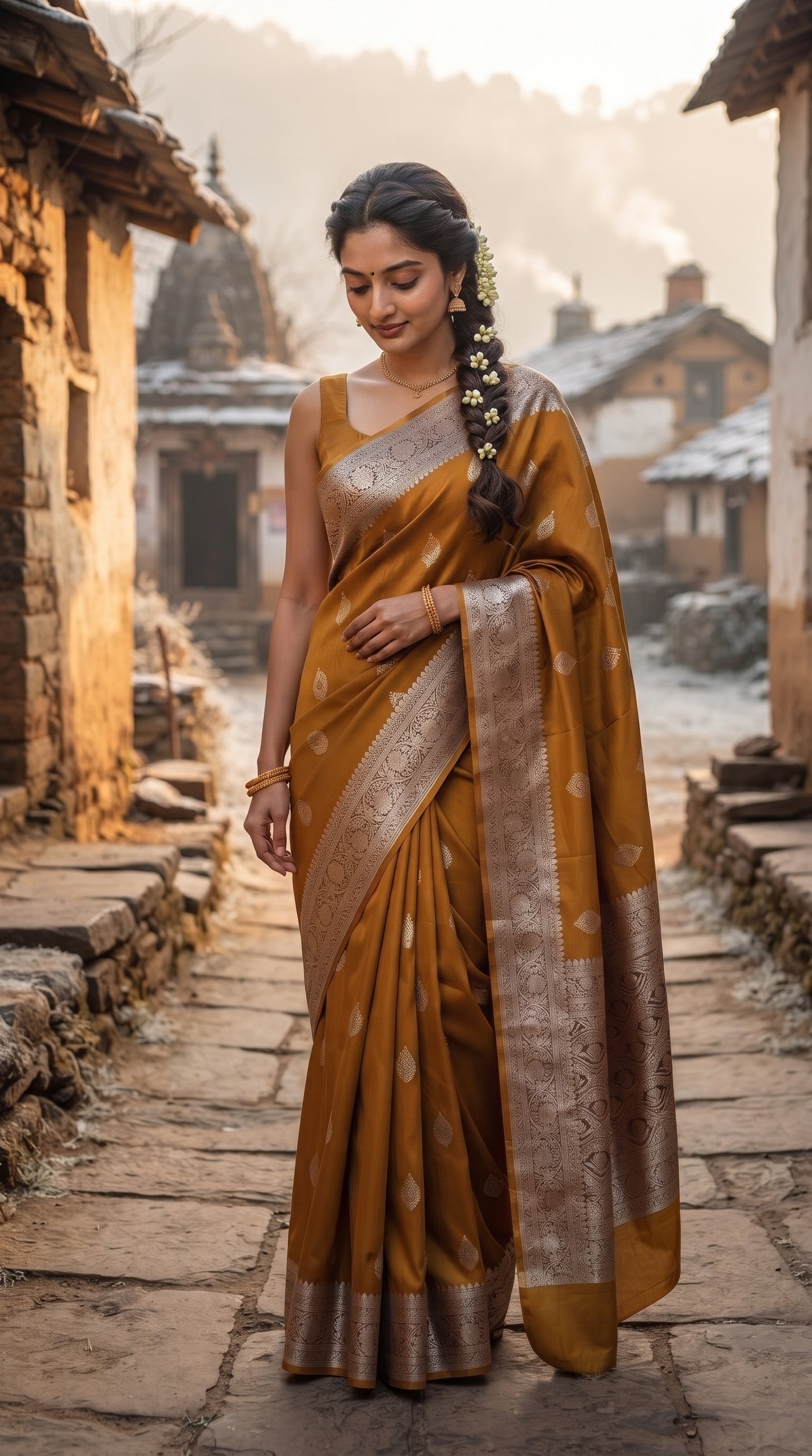 A full-length front portrait of a woman with a long gajra braid walking along a rustic stone village lane, beautifully displaying the heavy satin texture, gold zari borders, and delicate leaf buttas of her mustard gold Mashru silk saree