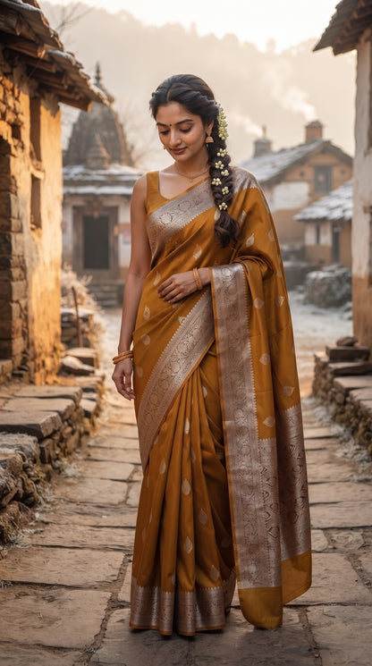 A full-length front portrait of a woman with a long gajra braid walking along a rustic stone village lane, beautifully displaying the heavy satin texture, gold zari borders, and delicate leaf buttas of her mustard gold Mashru silk saree
