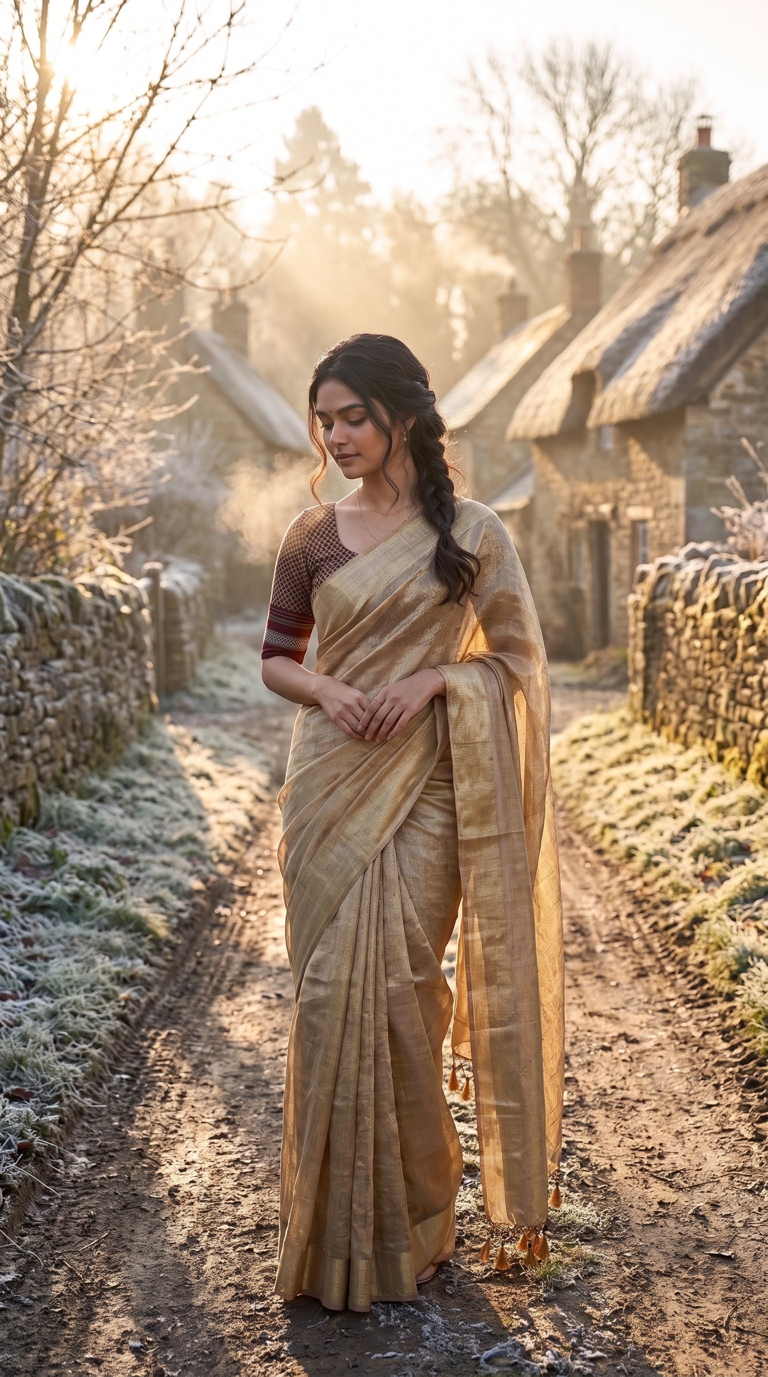 A full-length front portrait of a woman with a long side braid standing on a frost-dusted village lane, beautifully showcasing the crisp linen-like pleats and subtle golden metallic sheen of her tissue cotton saree
