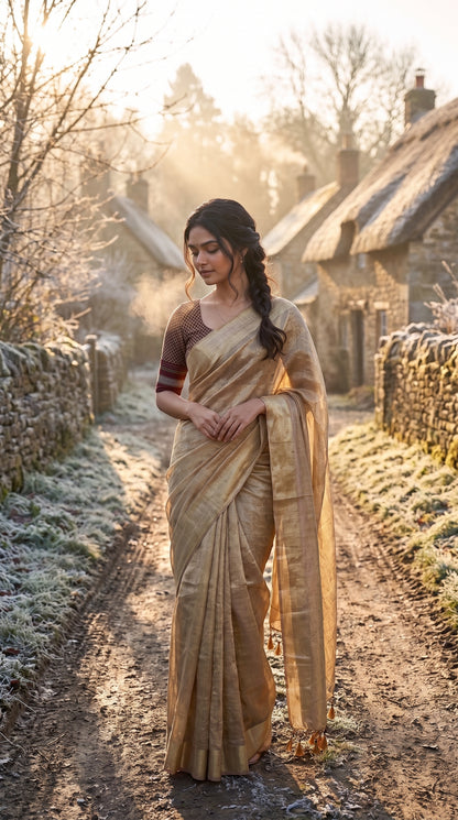 A full-length front portrait of a woman with a long side braid standing on a frost-dusted village lane, beautifully showcasing the crisp linen-like pleats and subtle golden metallic sheen of her tissue cotton saree
