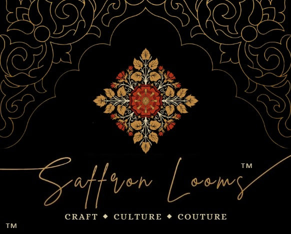 Decorative logo with intricate design and 'Saffron Looms' branding on a black background