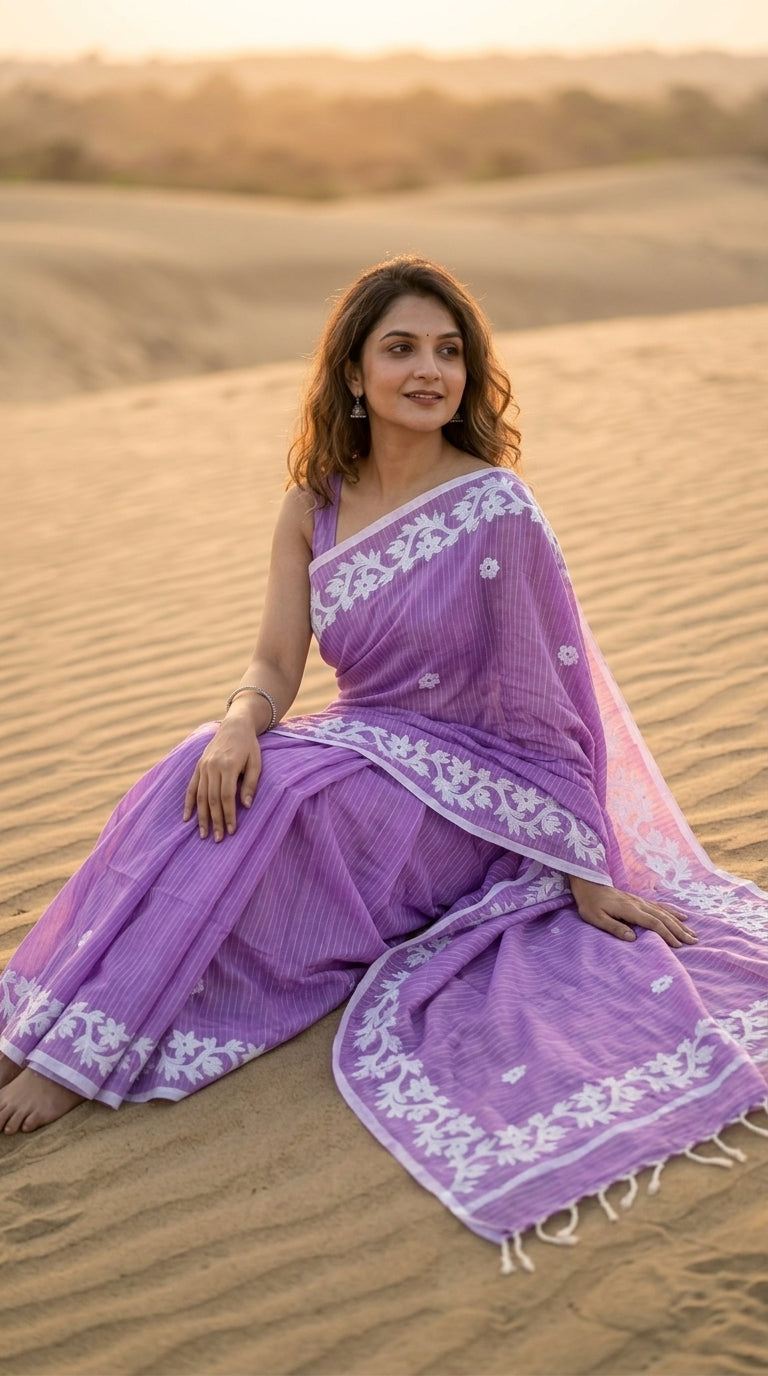 Purple Cotton Saree with Applique Border