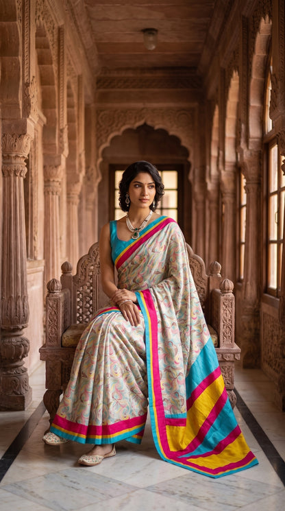 A full-length front view of a woman sitting on an intricately carved stone throne inside a palace corridor, showing the flawless tailored silhouette and premium silk drape of her sky blue graphic print saree