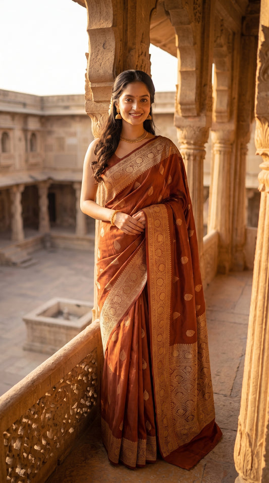 A front portrait of a smiling woman standing inside a sunlit sandstone palace balcony, displaying her burnt orange Mashru silk saree, golden necklace, and a view of the courtyard courtyard below