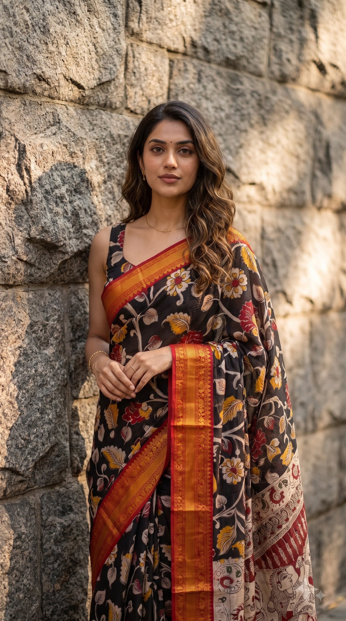 Kanchi Border Kalamkari Silk Saree - Black with Red