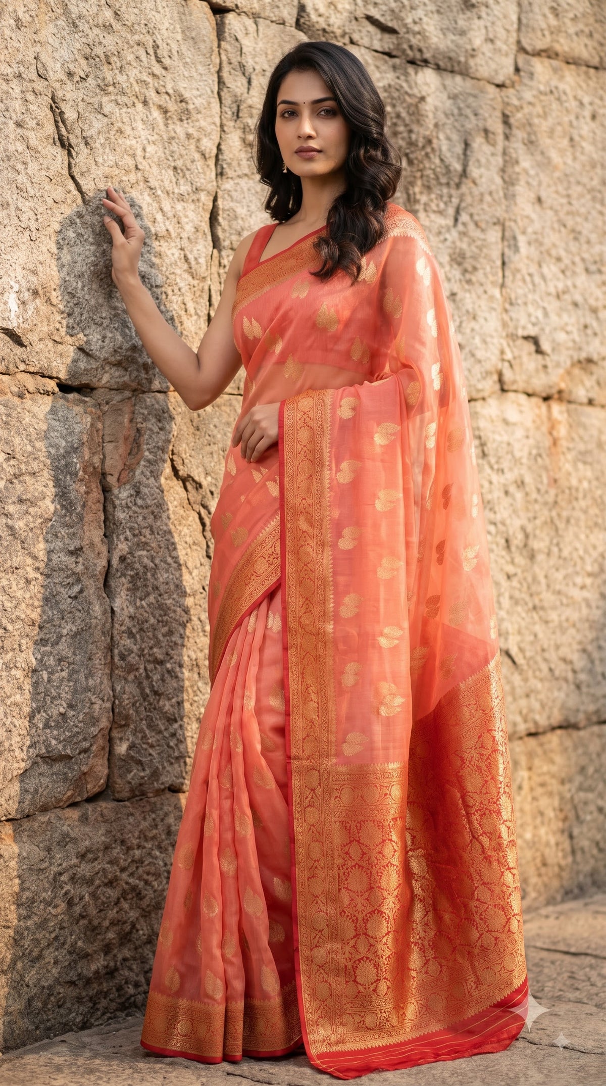 Georgette Banarasi with Contrast Border-Peach