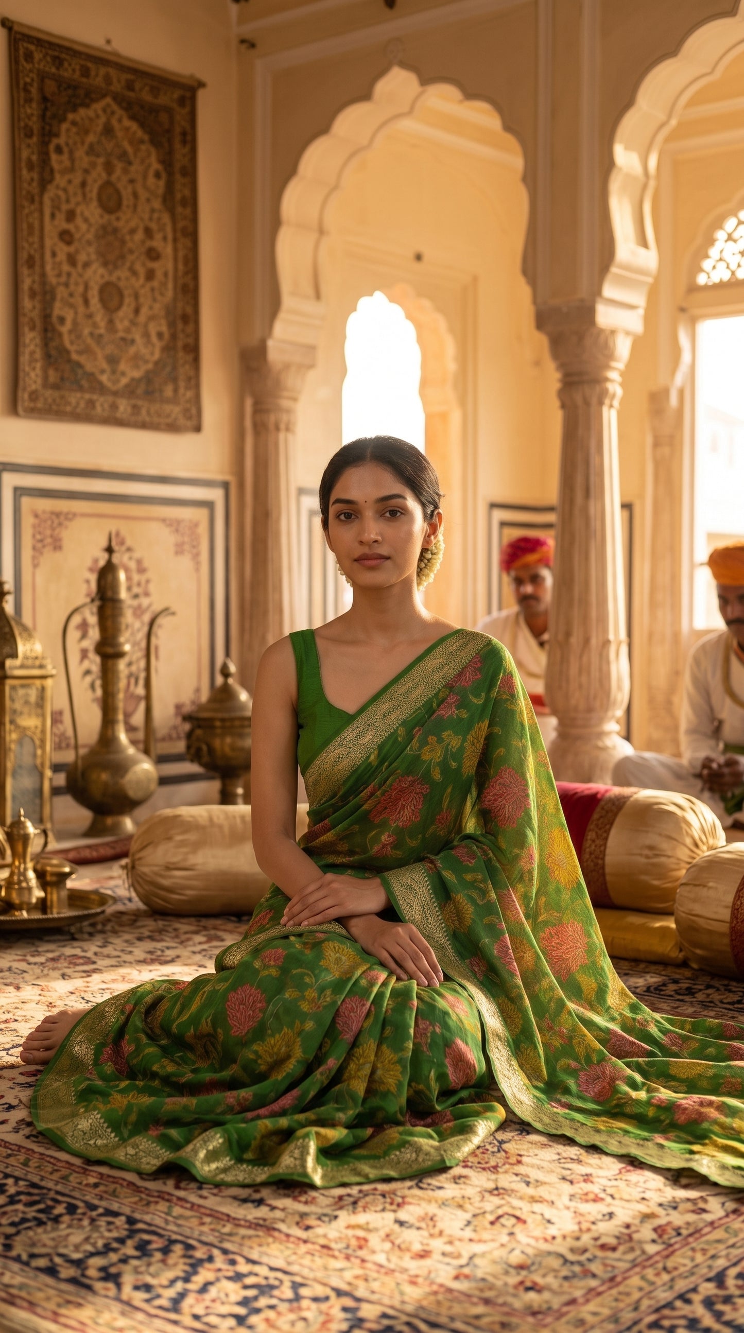 Model seated gracefully on a patterned rug inside a historic palace drawing room with attendants in the background, beautifully spreading out the gold-woven pallu and rich coral floral motifs of her green chinon saree