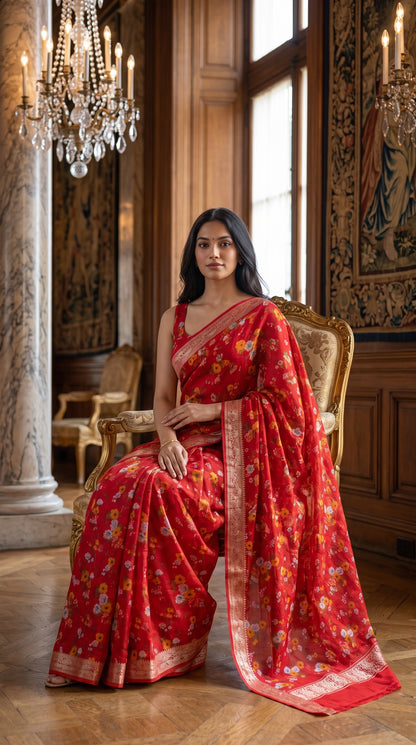 A portrait of a woman looking forward while seated on a gilded antique armchair inside a grand estate hall under a crystal chandelier, showcasing the flawless drape and rich red canvas of her floral chinon saree