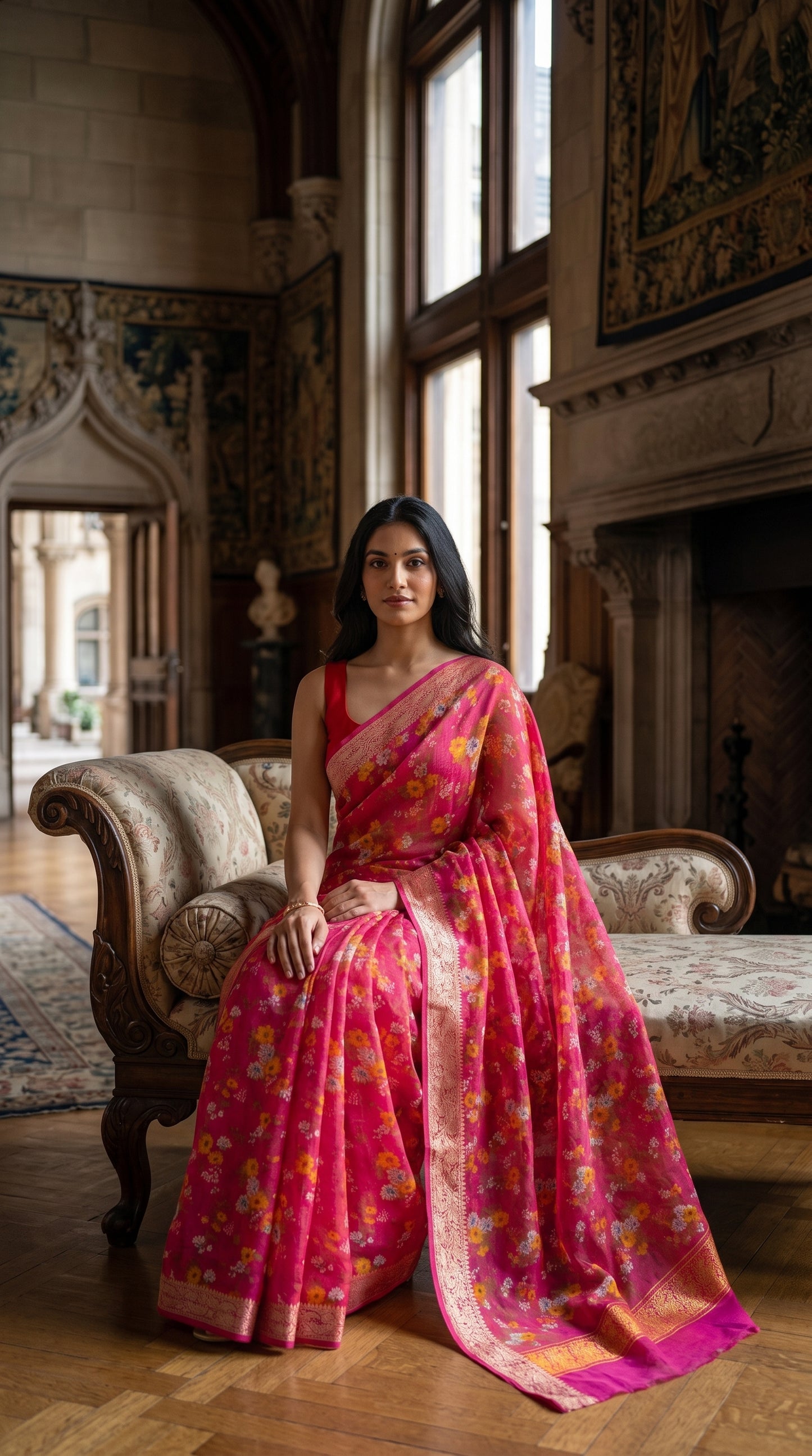A model looking forward while seated on a floral patterned antique chaise lounge inside a grand estate hall, displaying the elegant drape and rich magenta canvas of her floral chinon saree