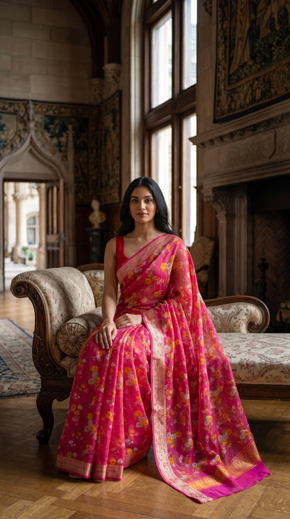 A model looking forward while seated on a floral patterned antique chaise lounge inside a grand estate hall, displaying the elegant drape and rich magenta canvas of her floral chinon saree