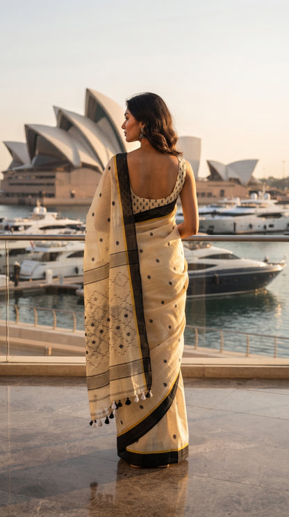 Back view of a woman standing by a railing overlooking a harbor with luxury yachts and the Sydney Opera House in the background, showcasing the back detail and pallu of her beige Jamdani linen saree